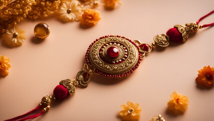 Raksha Bandhan  Rakhi with rice grains and kumkum on a pink background. A traditional Indian wrist band which is a symbol of love between Brothers and Sisters.