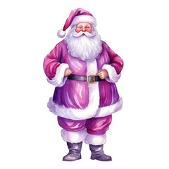 Santa Claus wearing a purple neon santa suit, watercolor, isolated on white transparent background