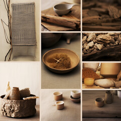 moodboard interior decor for an organic tea shop, natural colors, earthy textures, cozy, inviting