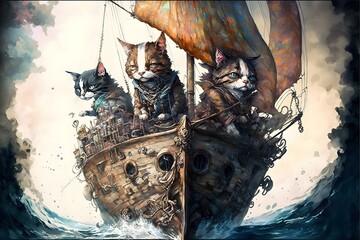 Naklejka premium epic fantasy art wooden galleon of anthropomorphic pirate cats dramatic epic composition watercolor 