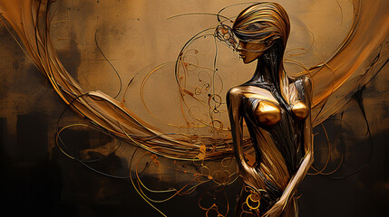 linda mulher abstrato em tons terrosos, cobre e dourado - obrazy, fototapety, plakaty