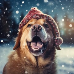 dog with christmas hat at night - obrazy, fototapety, plakaty