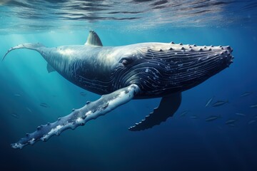Landscape with humpback whale at the bottom of the sea, giant mammal, marine life. Generative AI