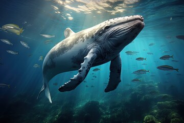 Landscape with humpback whale at the bottom of the sea, giant mammal, marine life. Generative AI