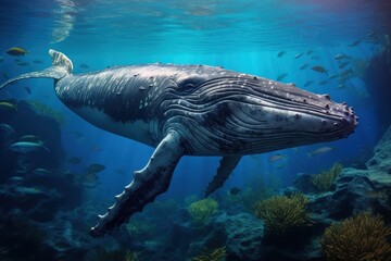 Landscape with humpback whale at the bottom of the sea, giant mammal, marine life. Generative AI