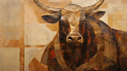 touro e toureiro abstrato em tons terrosos, cobre e dourado - obrazy, fototapety, plakaty