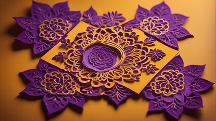 Purple paper flowers on yellow background. Copy space for text.