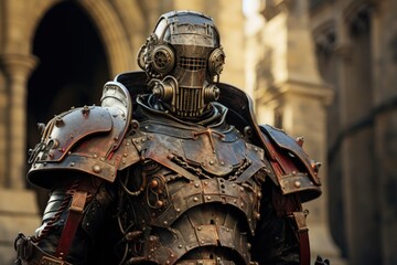 Medieval knight with technological steampunk style armor. Generative AI - obrazy, fototapety, plakaty