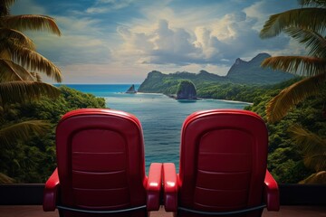 Landscape with red cinema seat in the jungle of an island, concept of cinemas and films. Generative AI - obrazy, fototapety, plakaty