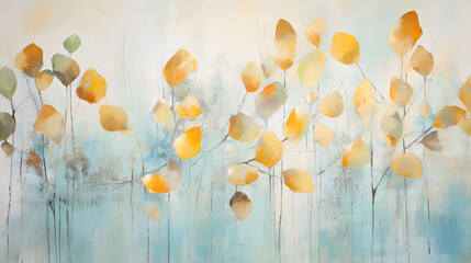 Soft color painting of autumn yellow leaves against a light blue misty background