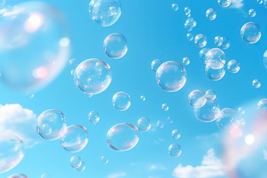 Digital illustration of soap bubbles on blue background. Generative AI