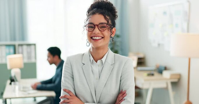 Portrait of woman with smile, arms crossed and coworking space for research, admin and consultant at agency. Office, networking business and face of happy girl with confidence, manager at startup.