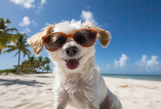 Landscape with cute dog with sunglasses on the beach. Generative AI