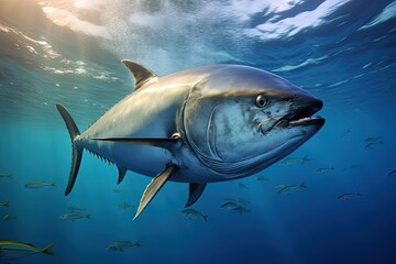 Illustration of giant tuna under the sea. Generative AI - obrazy, fototapety, plakaty
