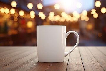 White mug of coffee on wooden table, bokeh background. Generative AI