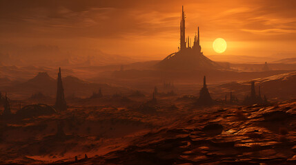 Obraz premium View of an arid desert with a giant towering pillar structure in the distance obscured by the dusty atmosphere