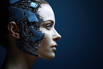 Half human half robotic head, concept of artificial intelligence and futurism. Generative AI