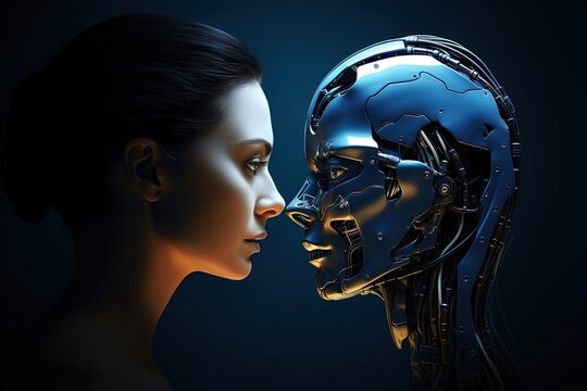 Half human half robotic head, concept of artificial intelligence and futurism. Generative AI