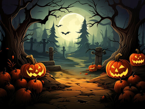 A Spooky Halloween Scene With A Pumpkin, Featuring A Raw And Stylized Aesthetic.