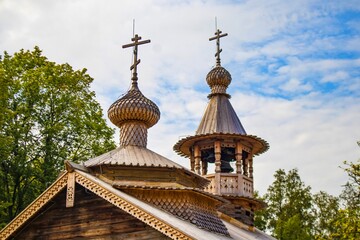Ancient church, Vitoslavlitsy, Museum of Wooden Architecture, Veliky Novgorod, Russia - obrazy, fototapety, plakaty