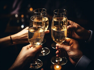 Elegant hands raise a champagne flute in celebration on a well-set table.