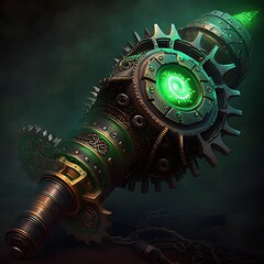 steampunk gears hammer gloomy evil green lighting 