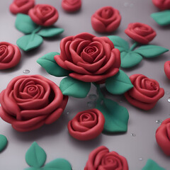 Red roses with green leaves and water drops on a grey background.