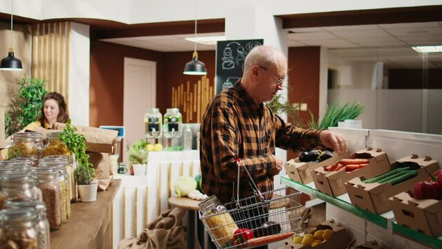 Portrait of smiling elderly client looking for pantry staples on zero waste supermarket shelves. Happy senior man purchasing organic food in reusable jars at local grocery store