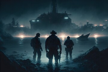 Navy seals emerging from the water at night standing infront of a huge high tech base 