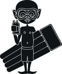 Cartoon Black and White Illustration Vector Of A Vampire Wearing Swim Goggles Holding a Blood Bag and Carrying a Lillo Float