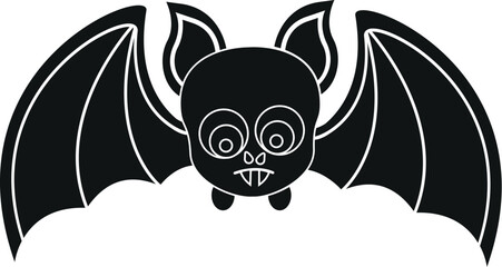 Cartoon Black and White Illustration Vector Of A Flying Vampire Bat with Fangs and Bat Wings