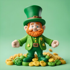 Leprechaun and gold coins on green background. 3d illustration