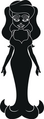Cartoon Black and White Illustration Vector Of A Female Vampire Standing up With Long Flowing Dress Long Hair and Fangs