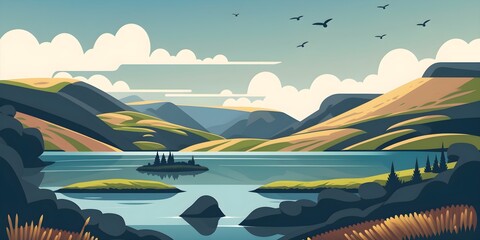 flat design vector illustration lake behind rolling hills 
