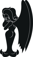 Cartoon Black and White Illustration Vector Of A Female   With Large Angel Wings Wearing a Dress with Long Hair