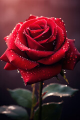 Closeup red rose with water droplets, Love, Romance, Valentine Day. Generative AI