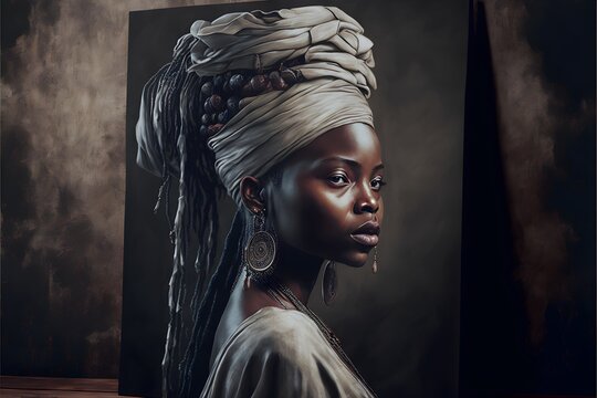 a a beautiful portrait painting of a dark skin African American woman wearing a white and grey headdress tied around her head shes looking to her left dark textured painted background wide shot photo 