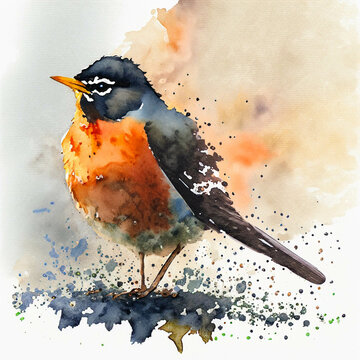 American robin bird, in a colorful watercolor style. Generative AI

