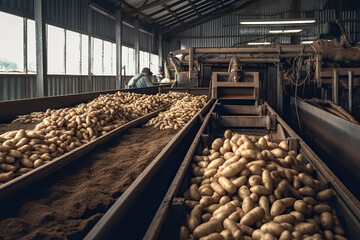 Potatoes being processed and sorted on a potato farm
