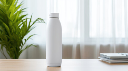 Mockup of a blank white water bottle with nature background, Empty reusable bottle template, Package display. Generative AI - obrazy, fototapety, plakaty