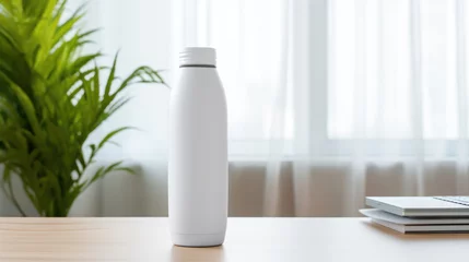Fotobehang Mockup of a blank white water bottle with nature background, Empty reusable bottle template, Package display. Generative AI © BussarinK