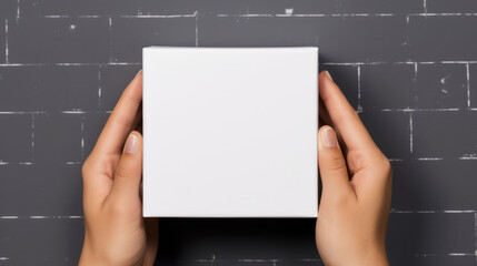 Hand holding blank white packaging box mockup on minimalist background, Empty package template. Generative AI - obrazy, fototapety, plakaty