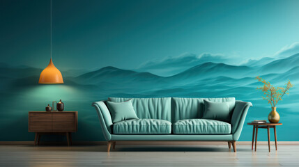 Modern blue living room interior, sofa, couch, armchair. Generative AI