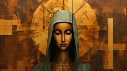 Nossa senhora aparecida abstrato Tons terrosos, cobre e dourado, simbolo religioso de fé cristã católica  - obrazy, fototapety, plakaty
