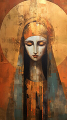 Nossa senhora aparecida abstrato Tons terrosos, cobre e dourado, simbolo religioso de fé cristã católica 