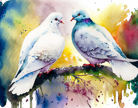 A pair of doves on a branch, in a colorful watercolor style. Generative AI
