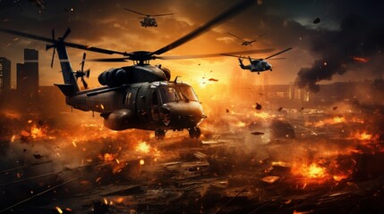 Military helicopters, forces and tanks in plane in war at sunset over destroyed city.  - obrazy, fototapety, plakaty