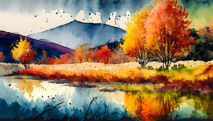 A colorful mountain autumn scene, in a colorful watercolor style. Generative AI
