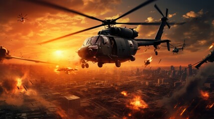 Military helicopters, forces and tanks in plane in war at sunset over destroyed city. 