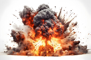 Explosion isolate, Big explosion, Massive explosion, white background. Generated by AI